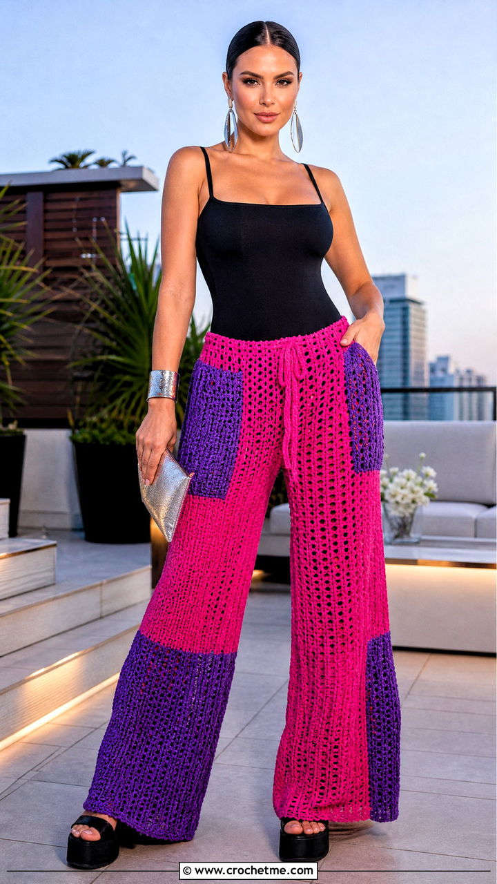 Color Block Crochet Baggy Pants With Black Bodysuit - 35 crochet baggy pants outfit ideas