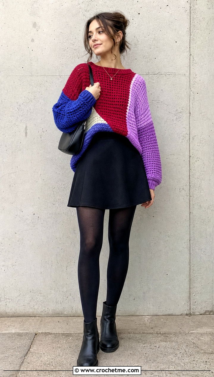 Color Block Crochet Baggy Sweater With Black Mini Skirt - 30 crochet baggy sweater outfit ideas