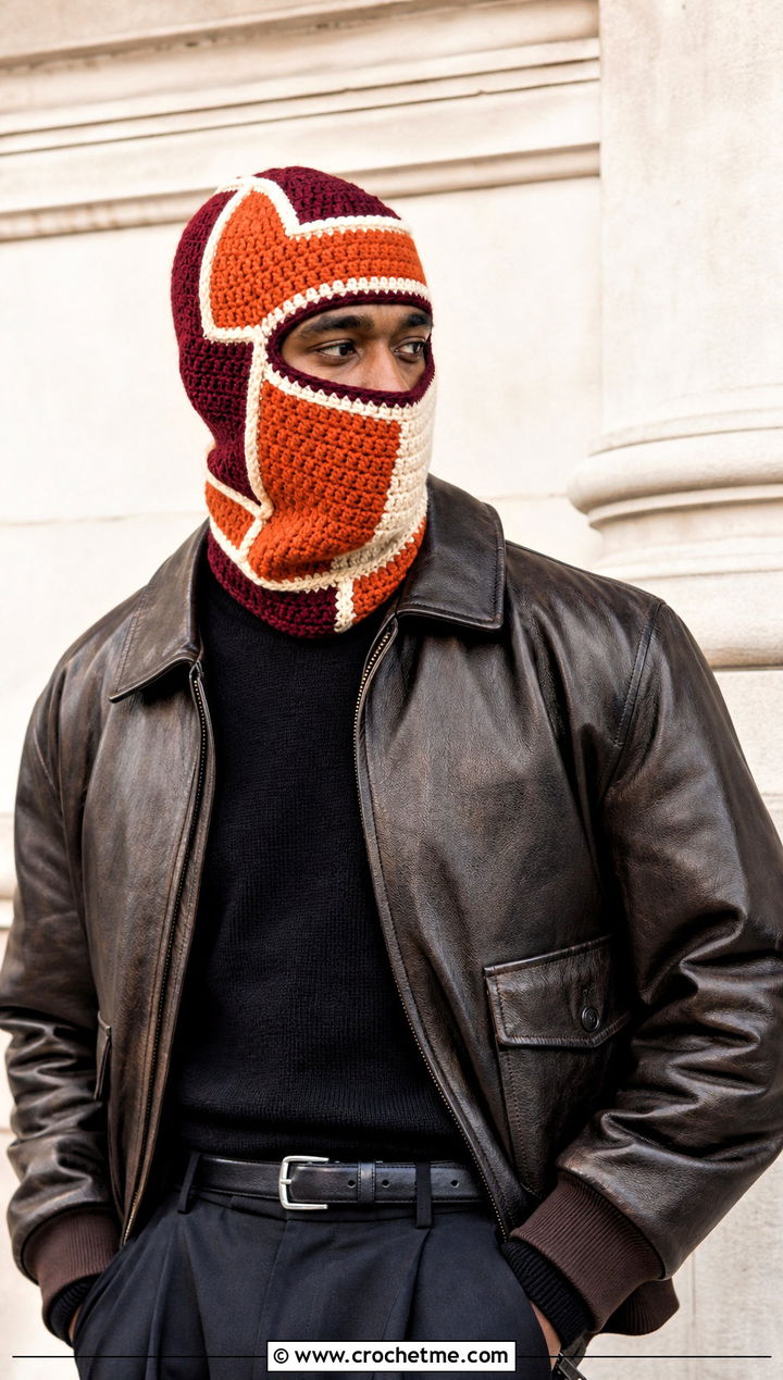 Color Block Crochet Balaclava With Leather Jacket - 30 crochet balaclava for men outfit ideas