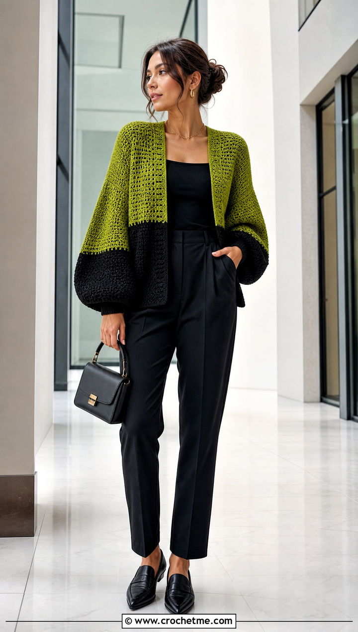 Color Block Crochet Balloon Sleeve Cardigan With Black Trousers - 30 crochet balloon sleeve cardigan outfit ideas