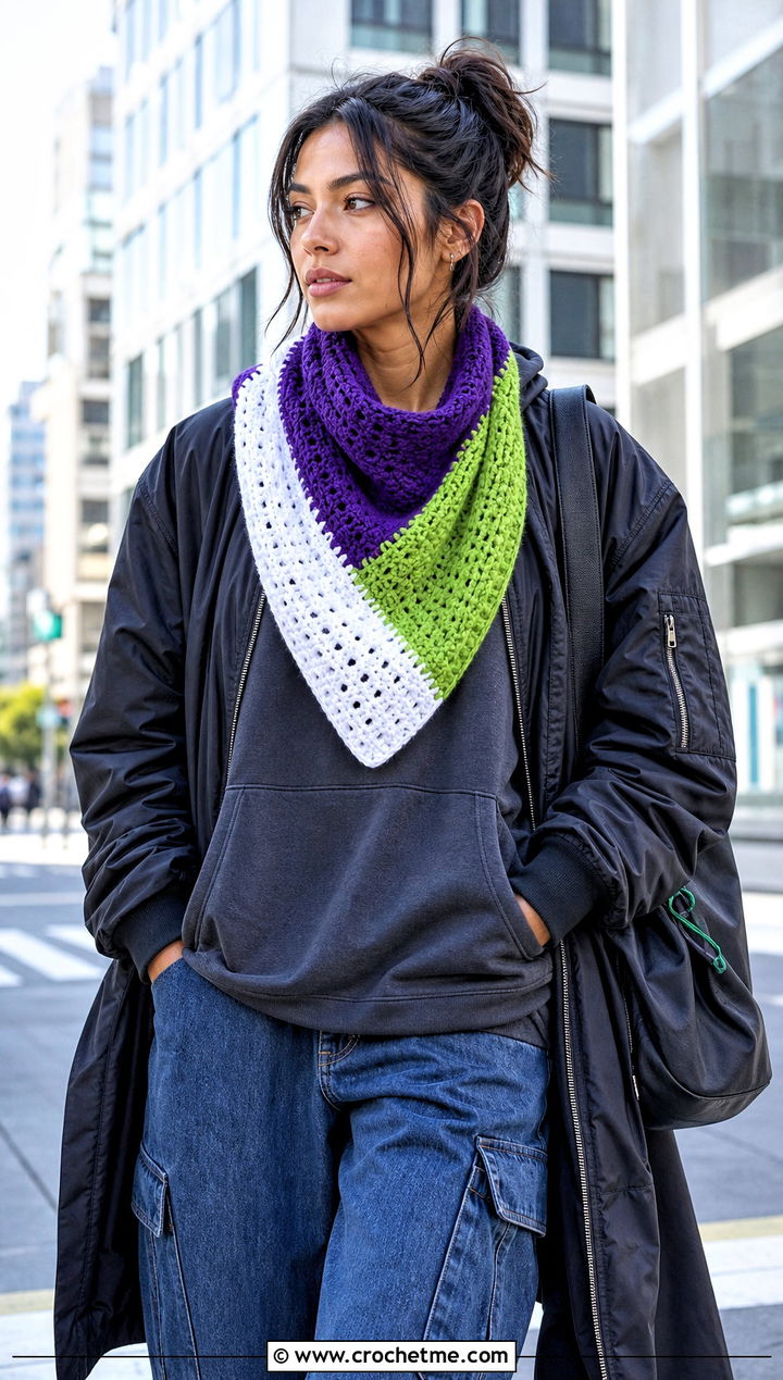 Color Block Crochet Bandana Cowl With Streetwear Outfit - 30 crochet bandana cowl outfit ideas