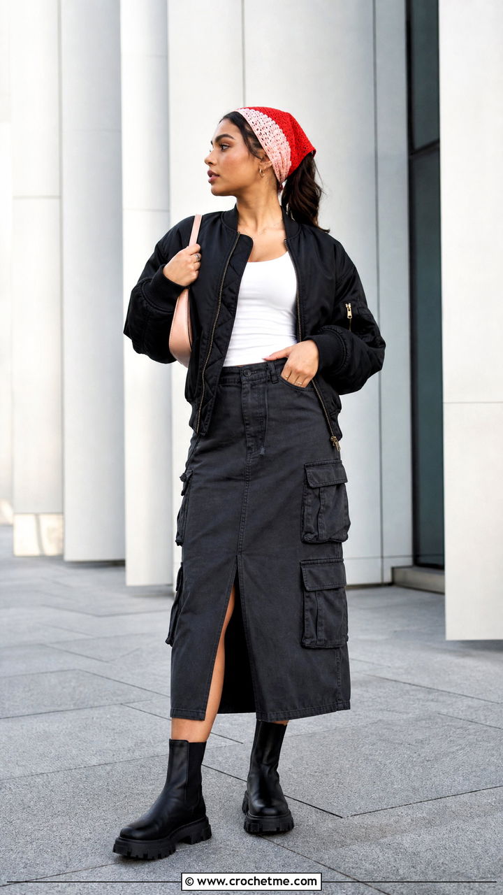 Color Block Crochet Bandana With Bomber Jacket And Cargo Skirt - 35 crochet hair scarf outfit ideas