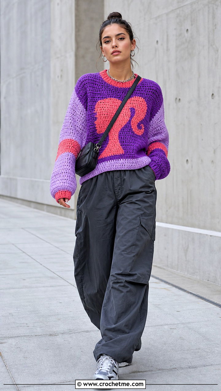 Color Block Crochet Barbie Sweater With Parachute Pants - 25 crochet barbie sweater outfit ideas