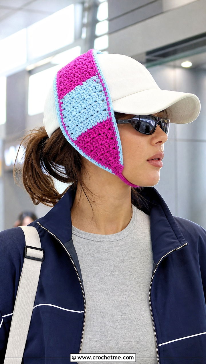 Color Block Crochet Baseball Hat Ear Warmer With Track Jacket - 25 Crochet Baseball Hat Ear Warmer outfit ideas