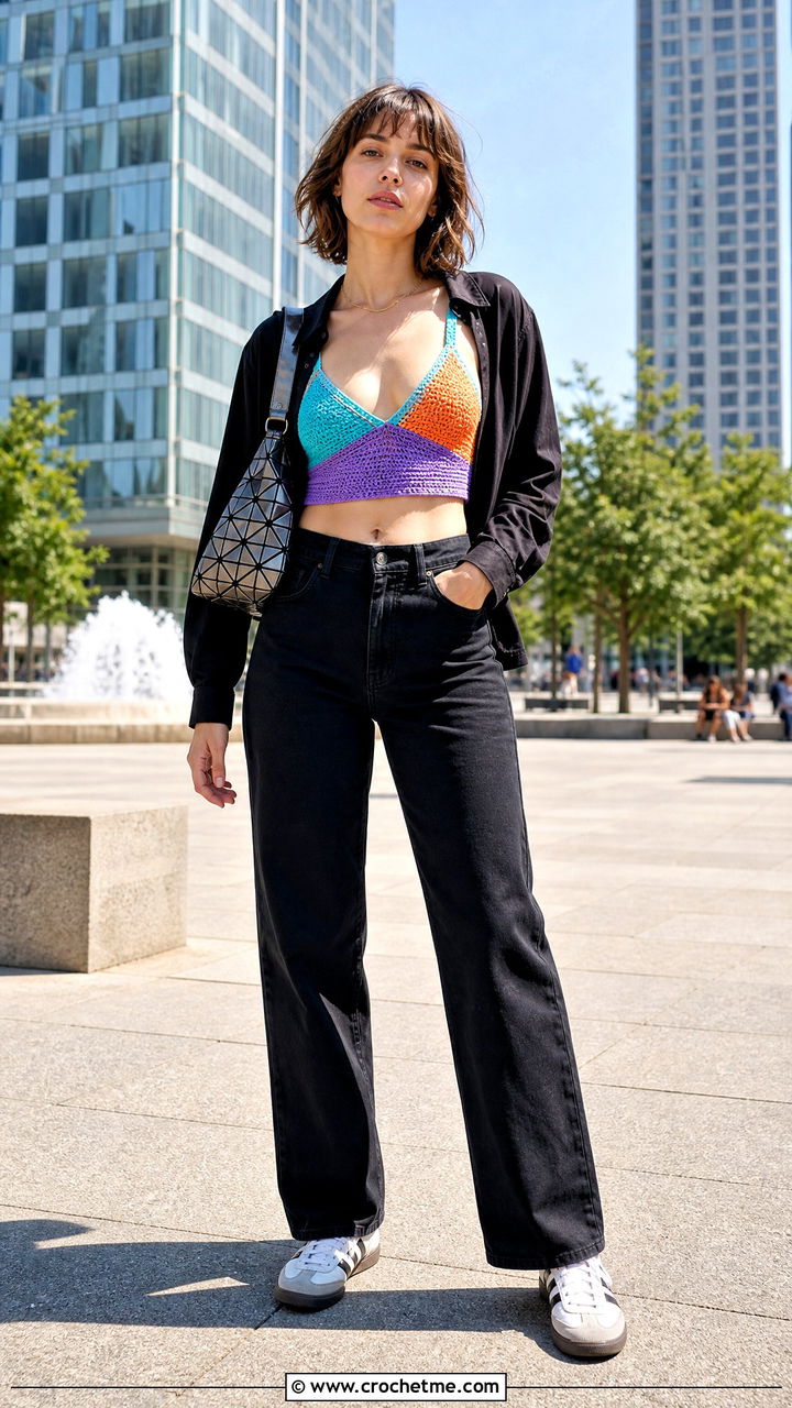 Color Block Crochet Bathing Suit Top With Black Jeans - 35 crochet bathing suit top outfit ideas