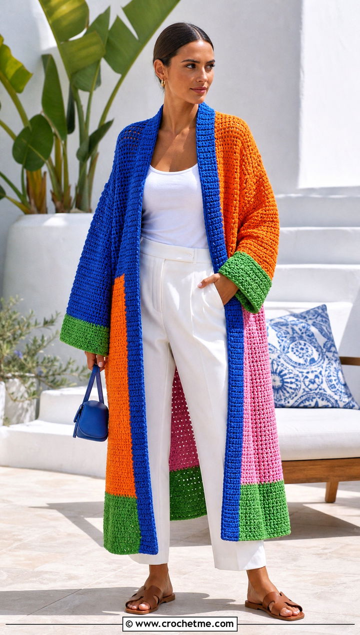 Color Block Crochet Bathrobe With White Outfit - 30 crochet bathrobe outfit ideas