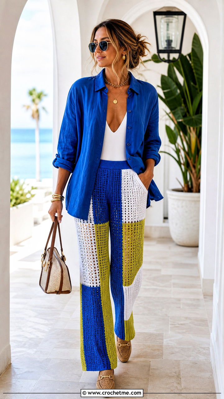 Color Block Crochet Beach Pants With Collared Shirt - 35 crochet beach pants outfit ideas