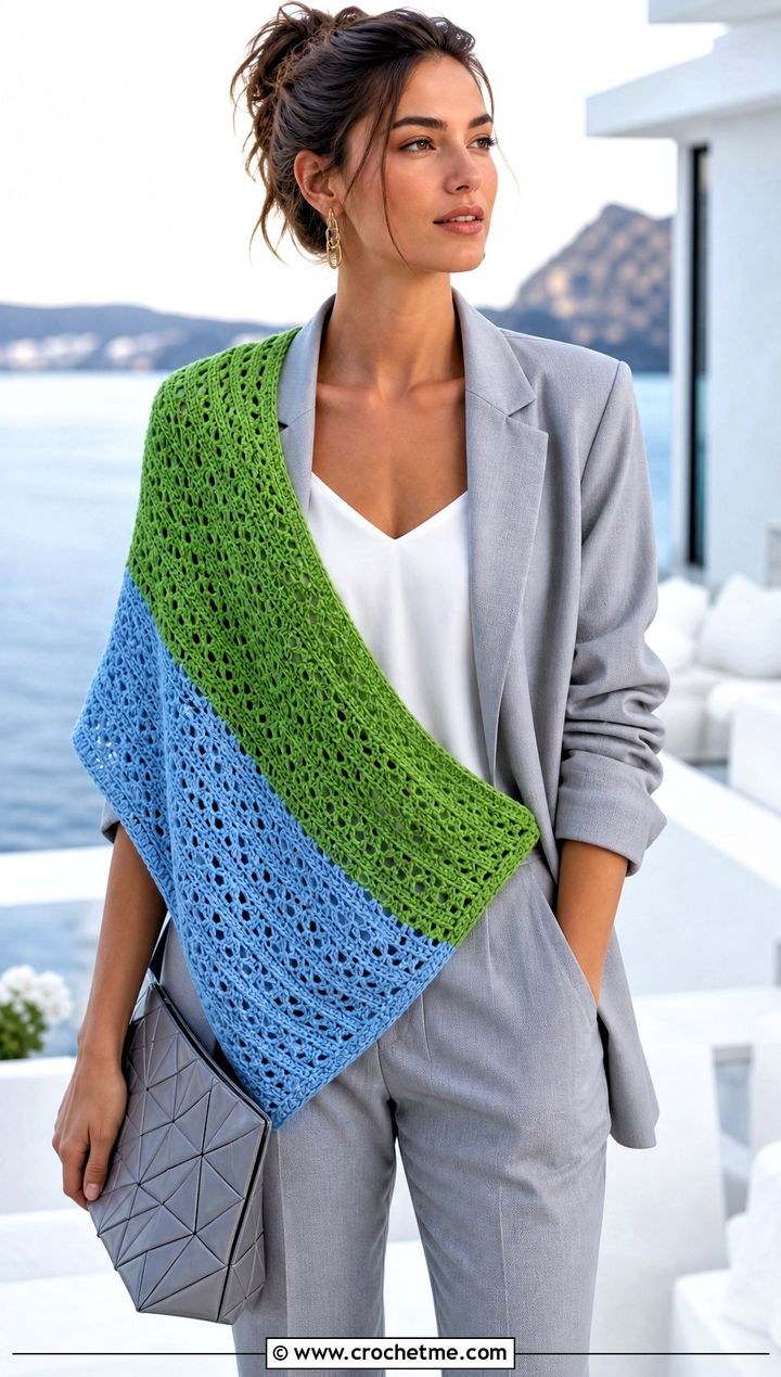 Color Block Crochet Beach Shawl With Blazer And Trousers - 25 crochet beach shawl outfit ideas