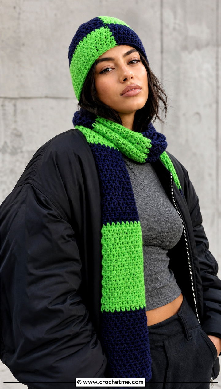 Color Block Crochet Beanie And Scarf Set With Bomber Jacket - 30 crochet beanie and scarf set outfit ideas