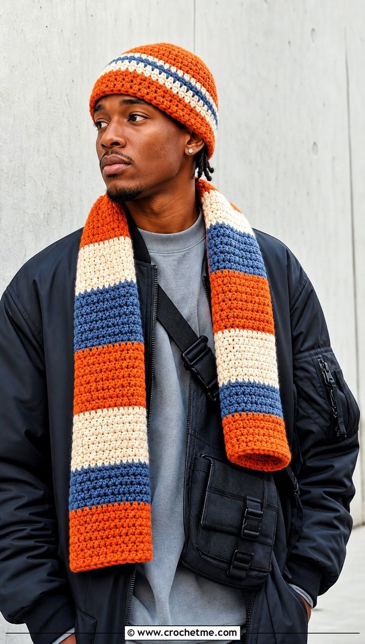 Color Block Crochet Beanie And Striped Scarf With Streetwear - 20 Crochet Mens Hat And Scarf outfit ideas