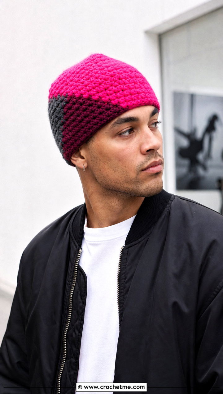 Color Block Crochet Beanie With Bomber Jacket - 25 crocheted mens hats outfit ideas