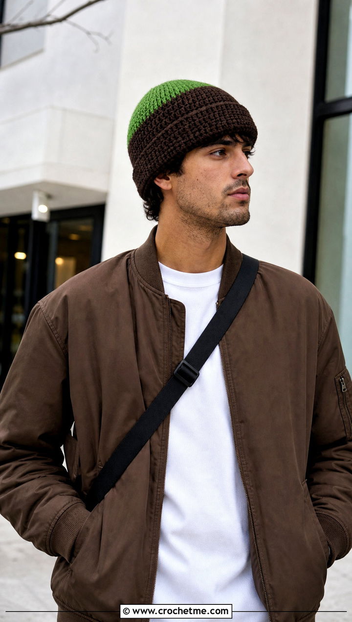 Color Block Crochet Beanie With Bomber Jacket - 25 easy men's crochet beanie outfit ideas