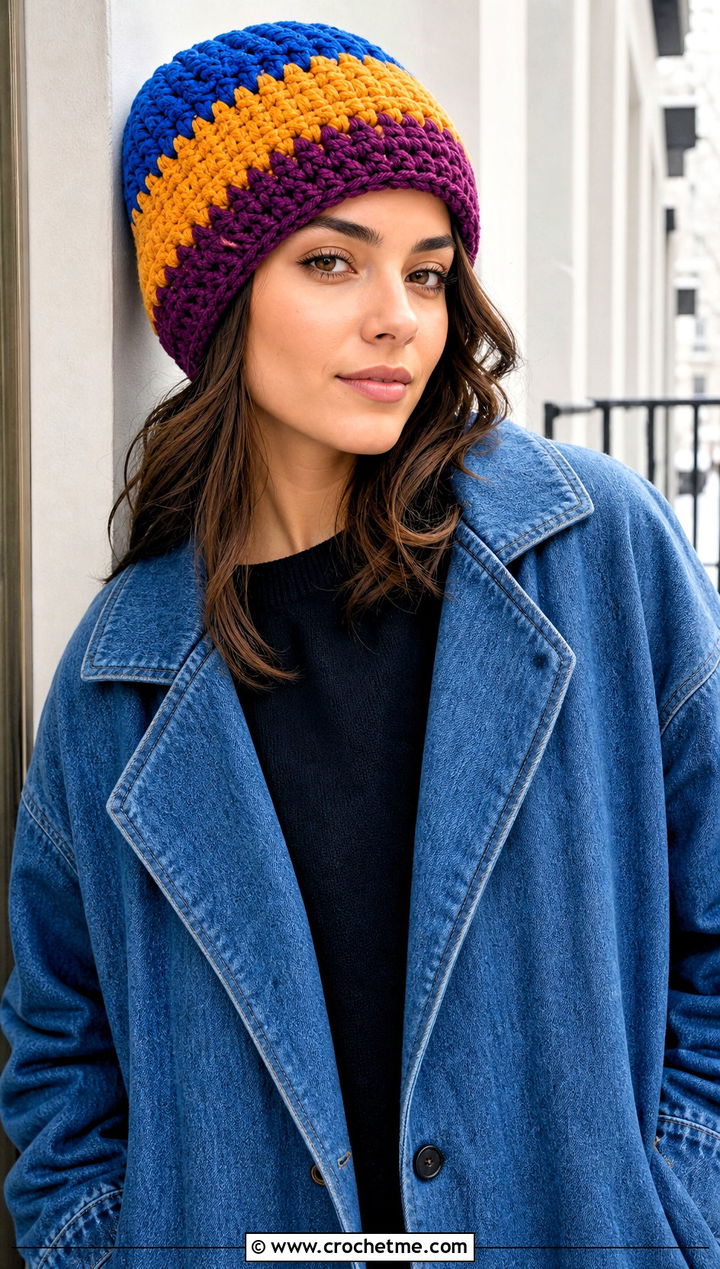 Color Block Crochet Beanie With Denim Coat - 30 winter crochet beanie outfit ideas