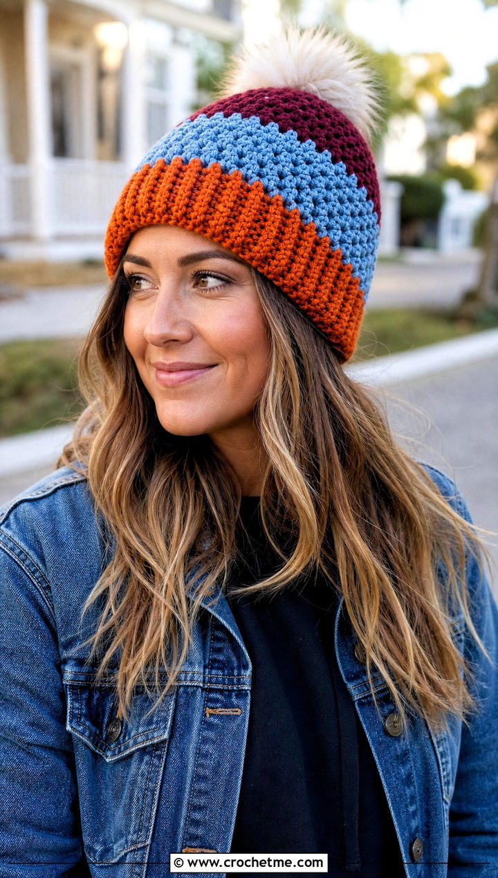 Color Block Crochet Beanie With Denim Jacket And Leggings - 15 Crochet Hat With Fur Pom Pom outfit ideas