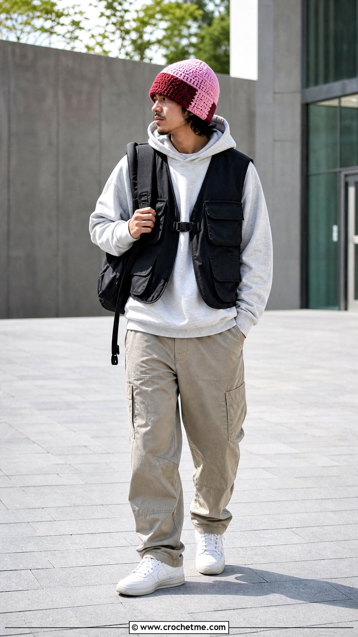 Color Block Crochet Beanie With Hoodie And Cargos - 35 crochet hats for men outfit ideas