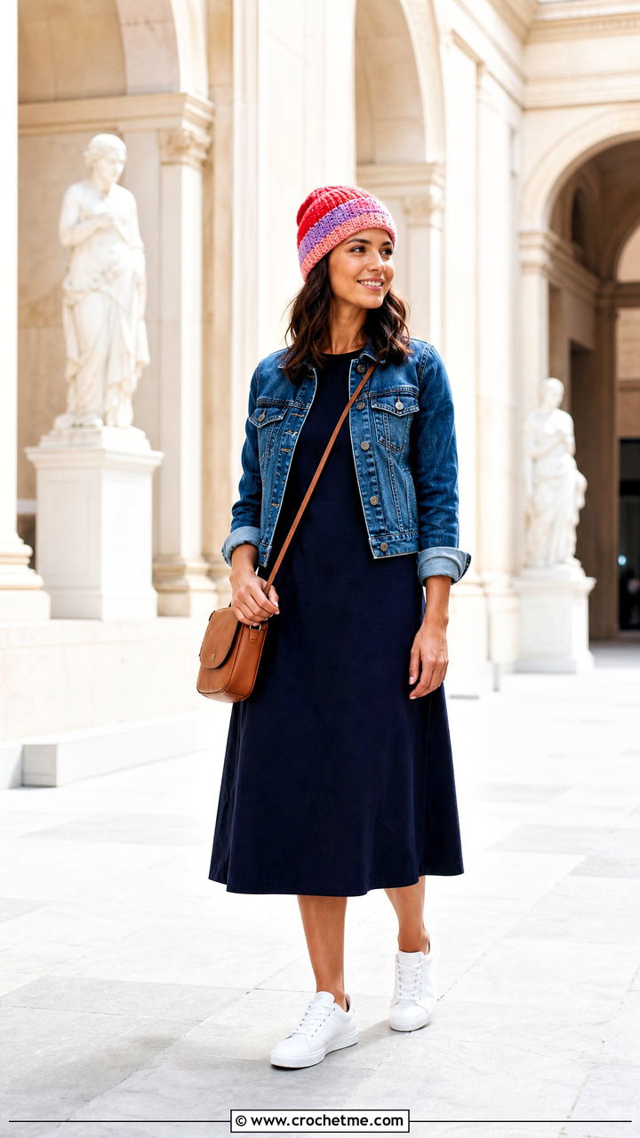 Color Block Crochet Beanie With Midi Dress - 35 crochet beanies outfit ideas