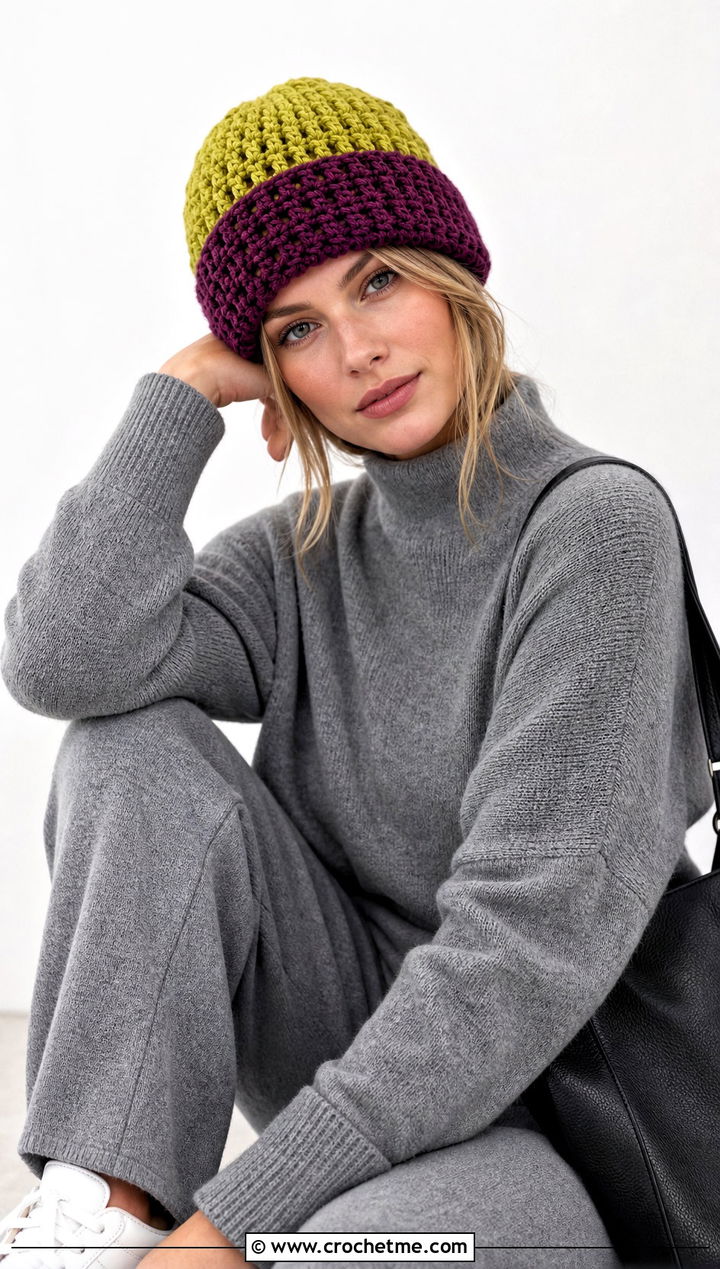 Color Block Crochet Beanie With Monochrome Knit Set - 25 easy crochet beanies outfit ideas