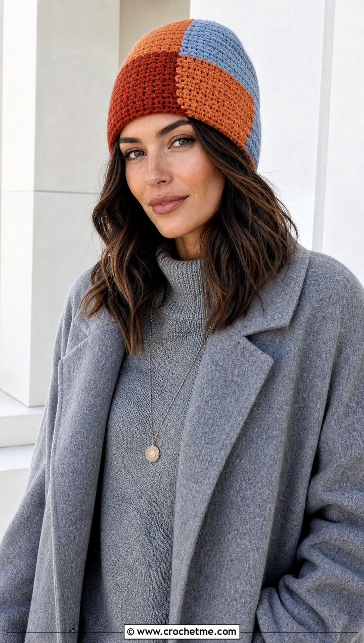 Color Block Crochet Beanie With Monochrome Knit Set - 25 Fast Crochet Beanie outfit ideas