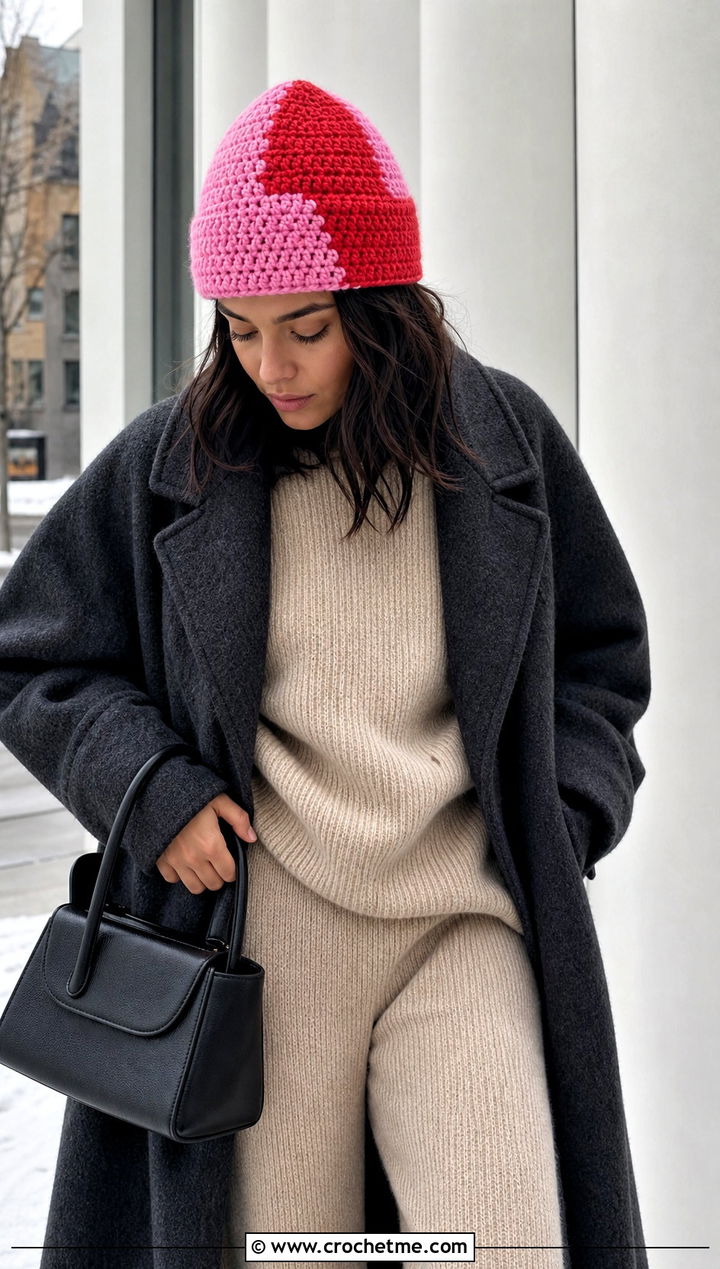 Color Block Crochet Beanie With Monochrome Knit Set - 15 Crochet Beanie All Sizes outfit ideas