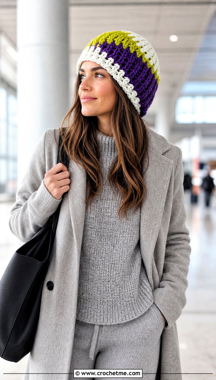 Color Block Crochet Beanie With Monochrome Knit Set - 20 classic crochet beanie outfit ideas