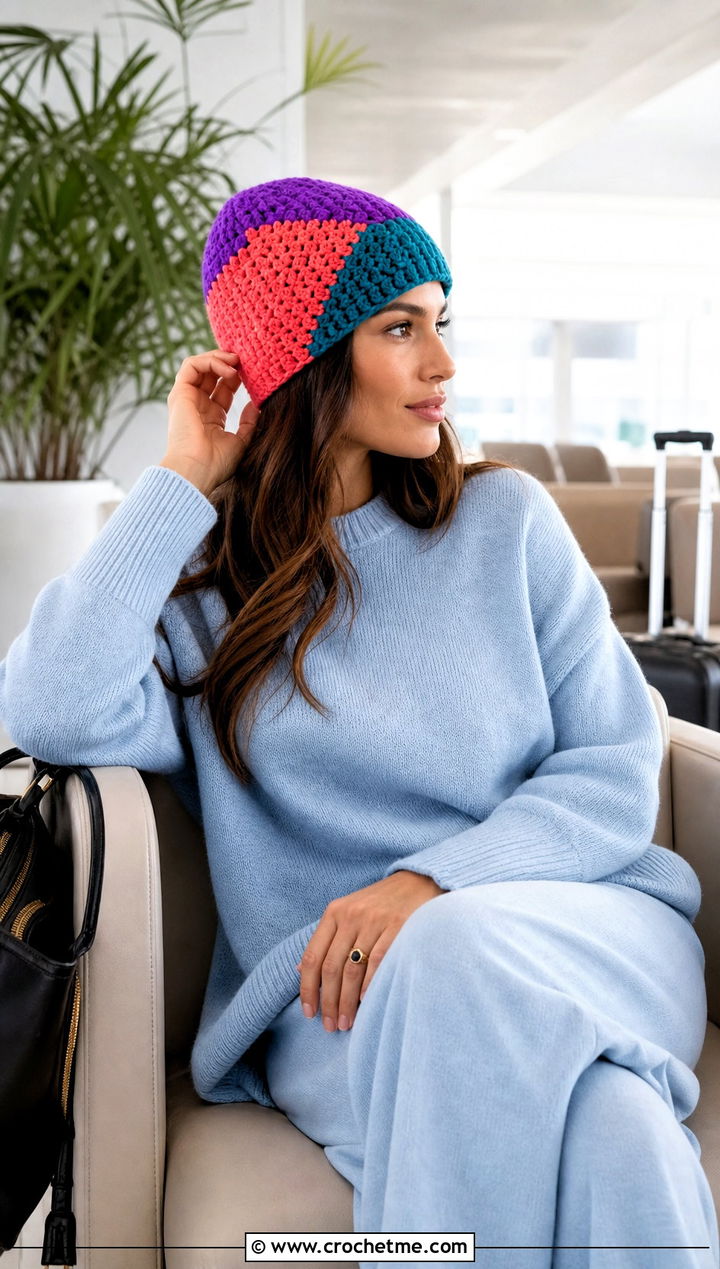 Color Block Crochet Beanie With Monochrome Knit Set - 30 crochet fall beanie outfit ideas