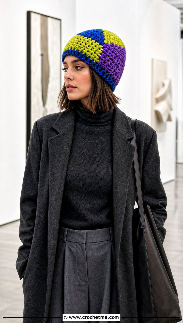 Color Block Crochet Beanie With Monochrome Outfit - 25 easy simple crochet hats for beginners outfit ideas