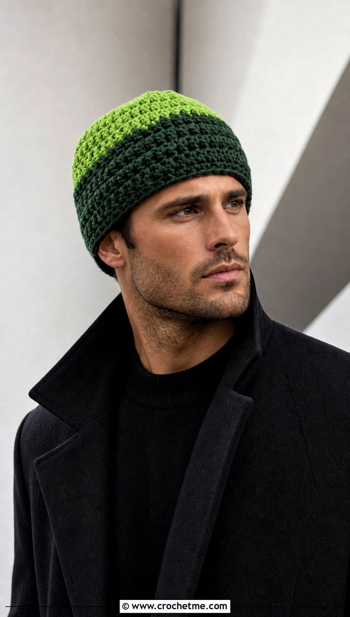 Color Block Crochet Beanie With Monochrome Outfit - 25 mens winter crochet hats outfit ideas