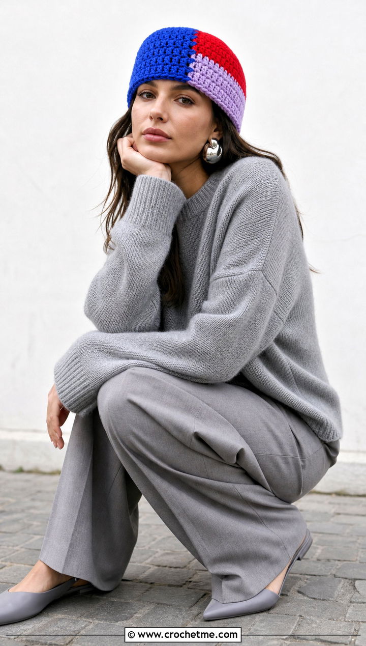 Color Block Crochet Beanie With Monochrome Outfit - 25 Women Crochet Beanie outfit ideas