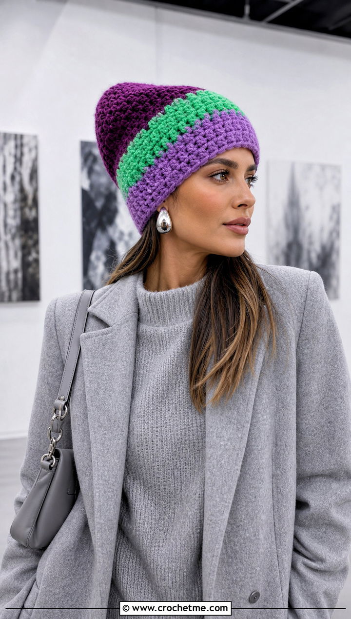 Color Block Crochet Beanie With Monochrome Outfit - 15 large crochet beanie outfit ideas