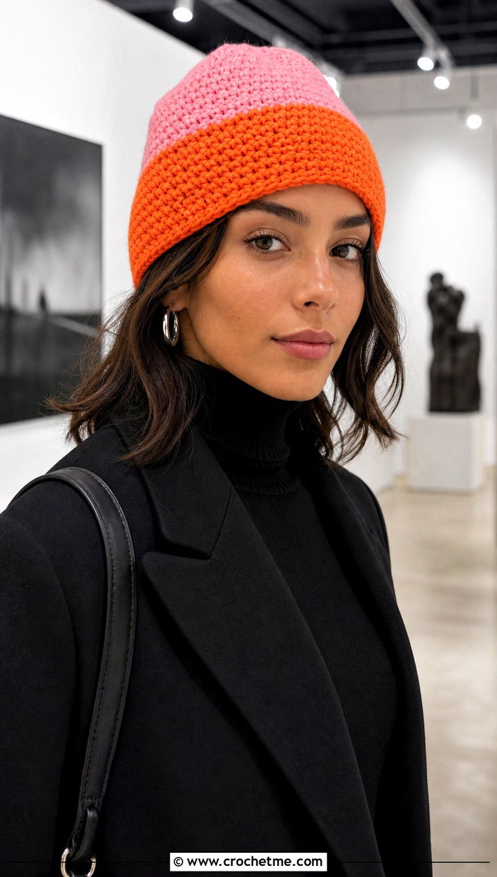 Color Block Crochet Beanie With Monochrome Outfit - 30 Quick Crochet Beanie outfit ideas