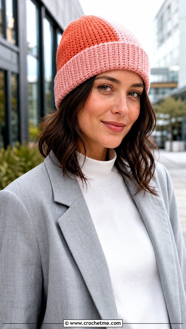 Color Block Crochet Beanie With Neutral Suit - 30 crochet beanies for women outfit ideas
