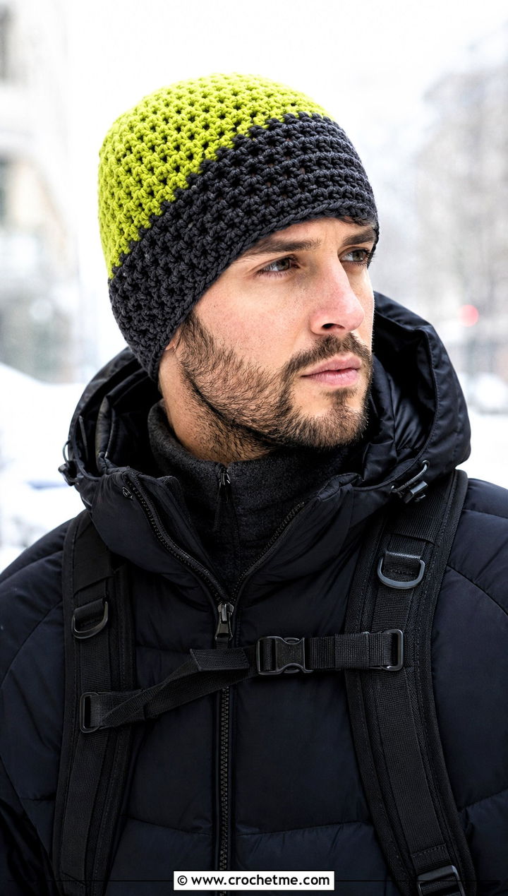 Color Block Crochet Beanie With Puffer Jacket - 15 men's crochet beanies outfit ideas