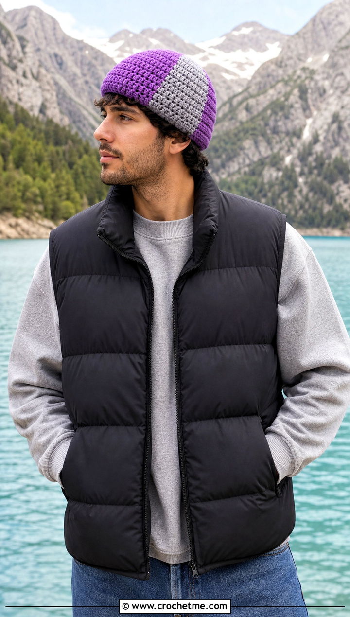 Color Block Crochet Beanie With Puffer Vest - 25 Easy Mens Crochet Beanie outfit ideas