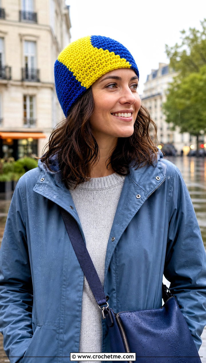 Color Block Crochet Beanie With Raincoat - 20 Fun Crochet Beanie outfit ideas