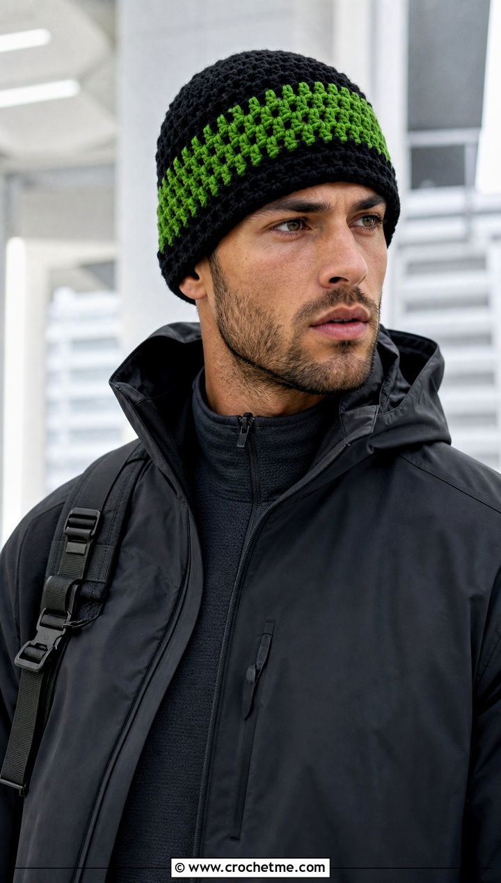 Color Block Crochet Beanie With Techwear Jacket - 25 Crochet Mens Winter Hat outfit ideas