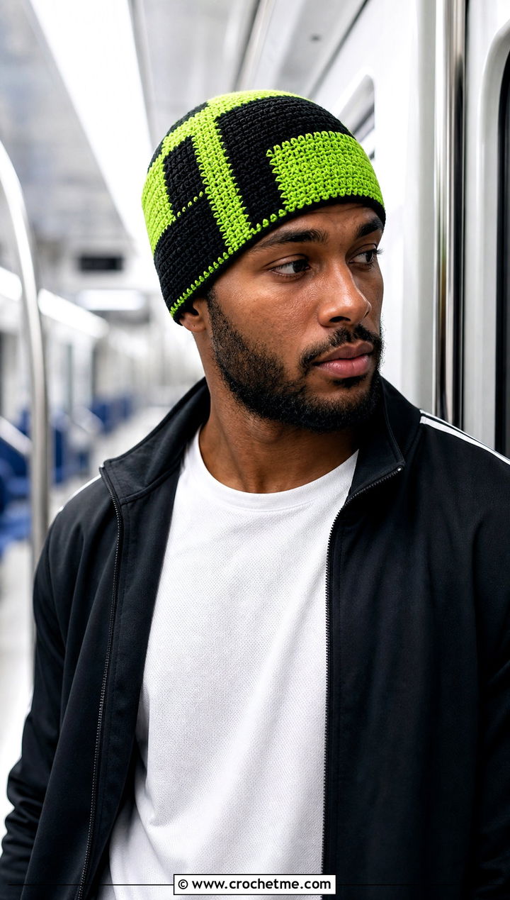 Color Block Crochet Beanie With Track Jacket - 25 easy crochet beanie for men outfit ideas