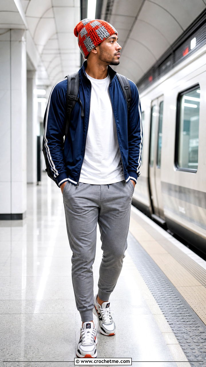 Color Block Crochet Beanie With Track Jacket And Joggers - 35 crochet beanie for men outfit ideas