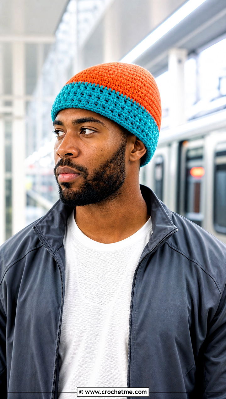 Color Block Crochet Beanie With Track Jacket - 30 mens crochet hats men's beanie outfit ideas