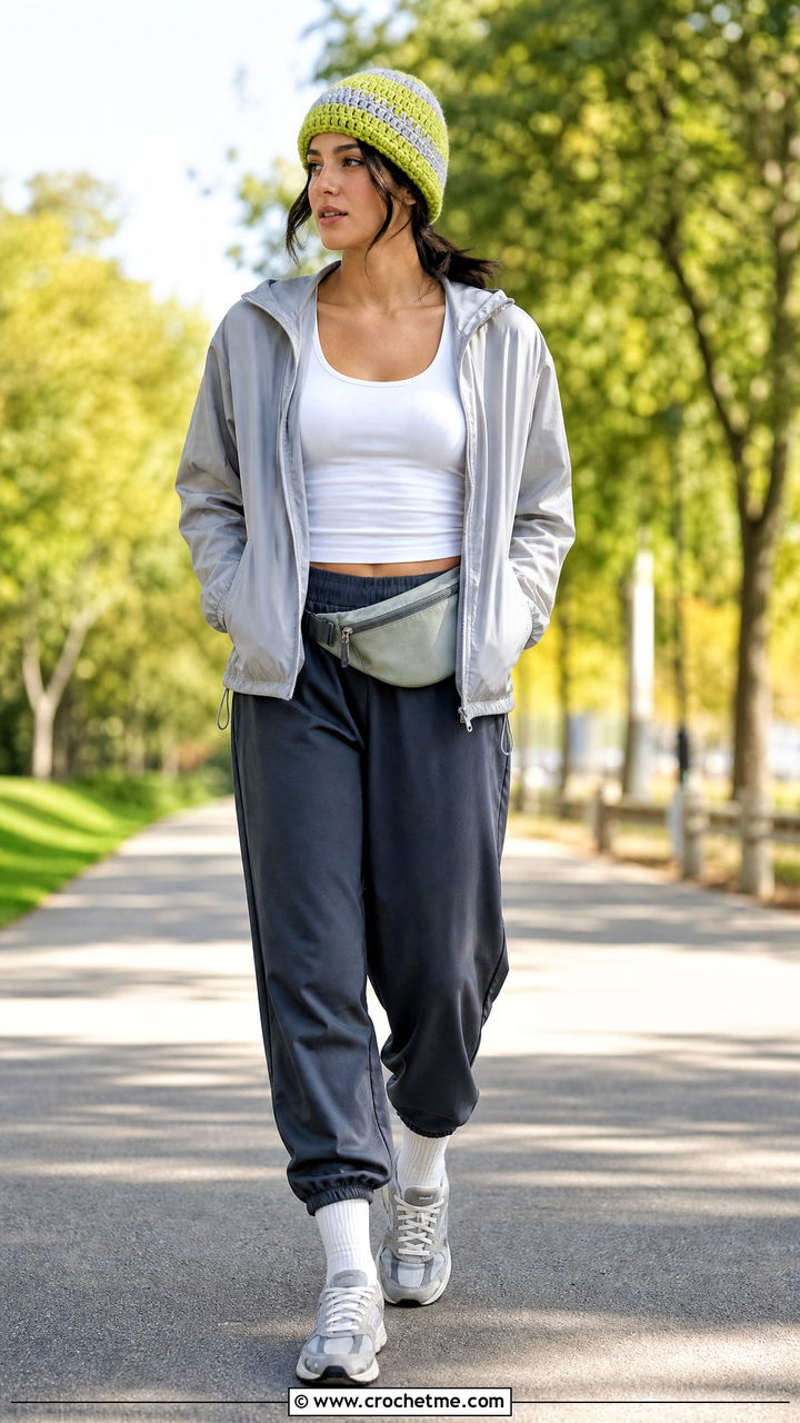 Color Block Crochet Beanie With Track Pants - 35 easy crochet beanie outfit ideas