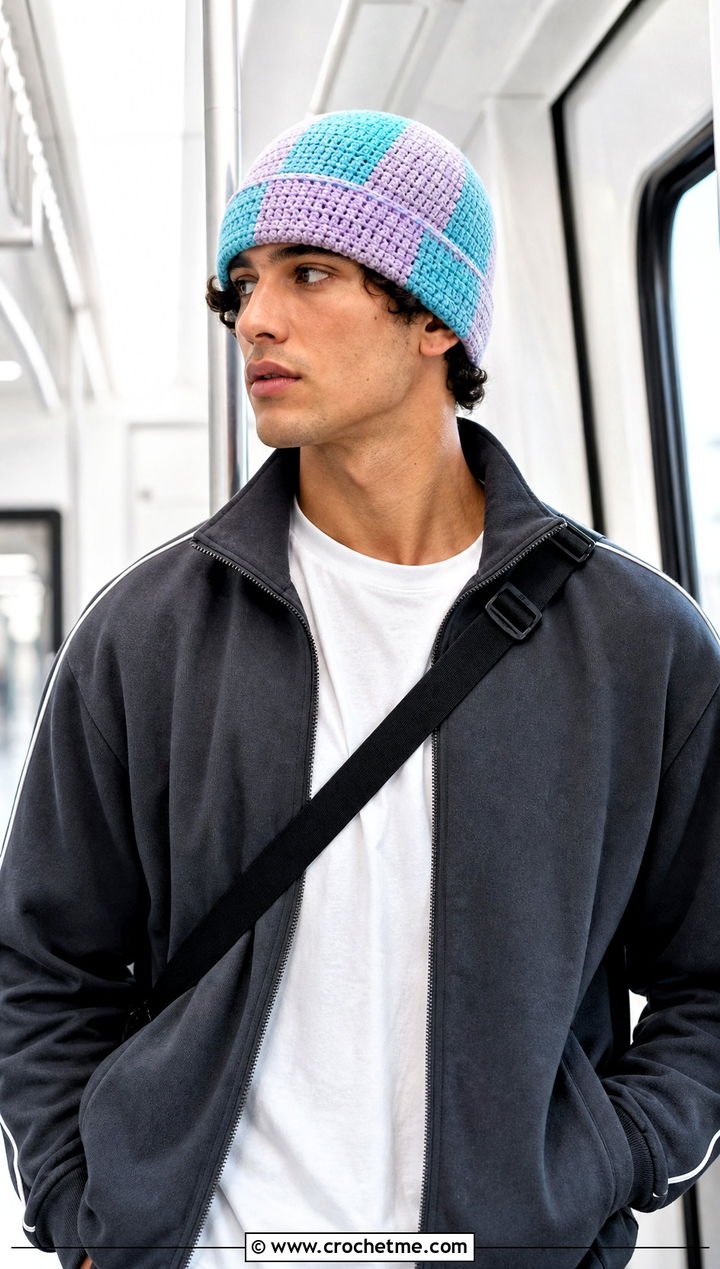 Color Block Crochet Beanie With Tracksuit - 25 crochet for men's beanies outfit ideas