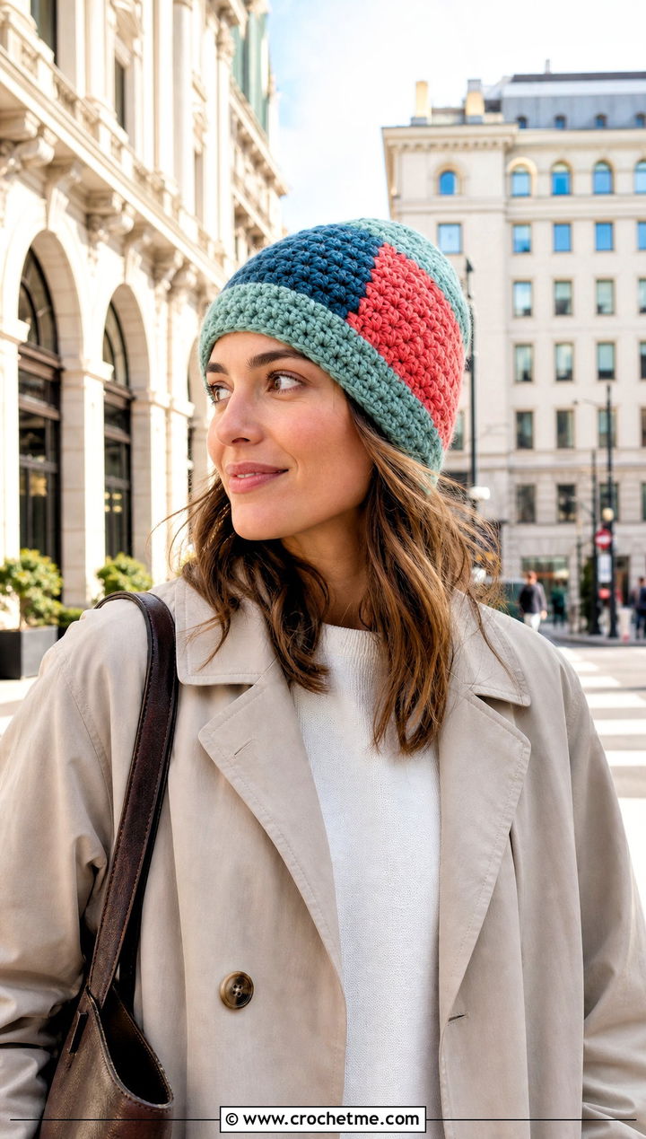 Color Block Crochet Beanie With Trench Coat - 15 Easy Crochet Projects Beanie outfit ideas