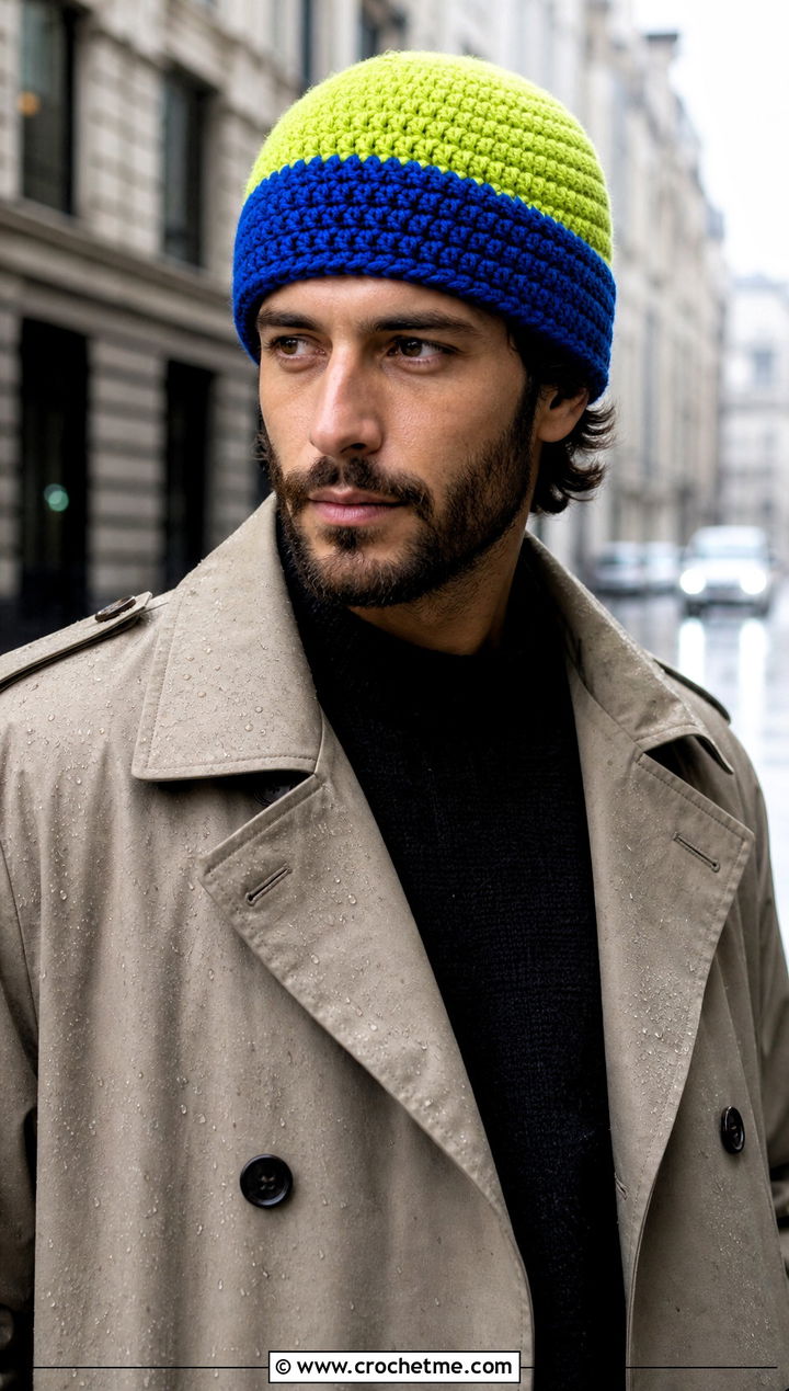 Color Block Crochet Beanie With Trench Coat - 30 crochet man beanie outfit ideas
