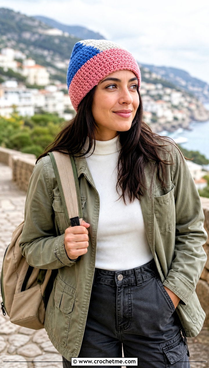 Color Block Crochet Beanie With Utility Jacket And Cargo Jeans - 25 beginner crochet beanie outfit ideas