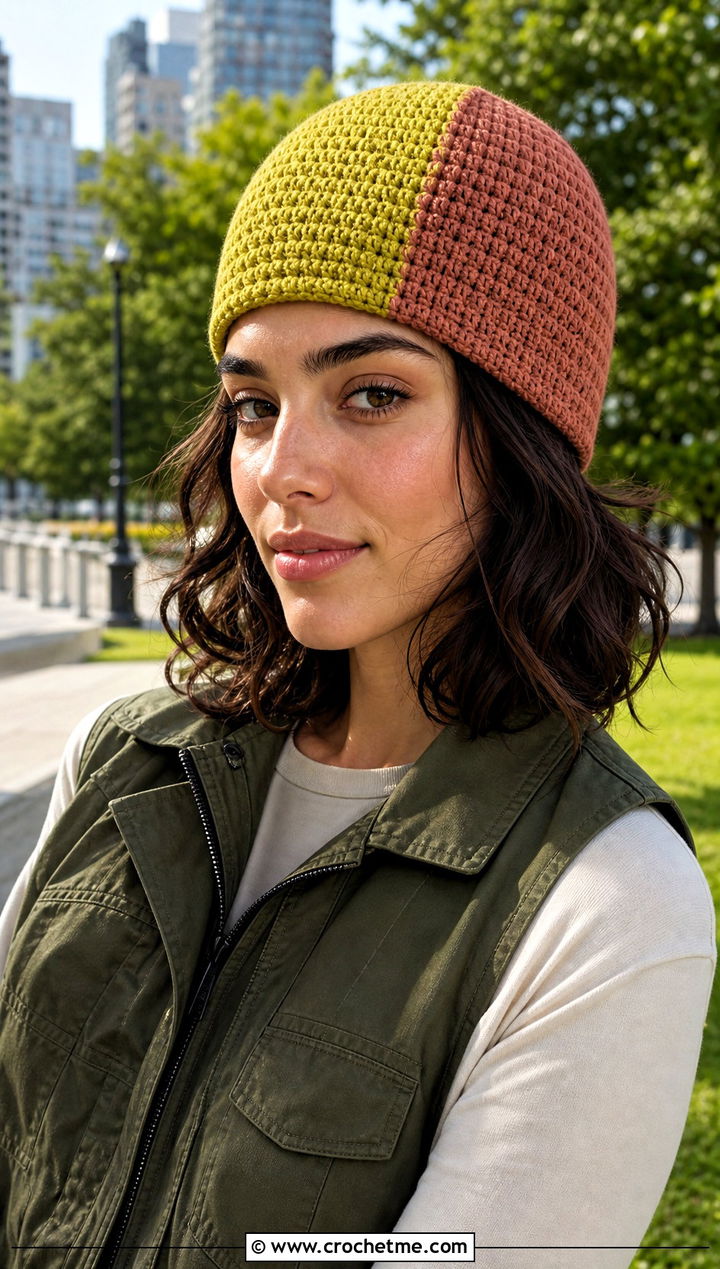 Color Block Crochet Beanie With Utility Vest - 25 Fall Crochet Beanie outfit ideas