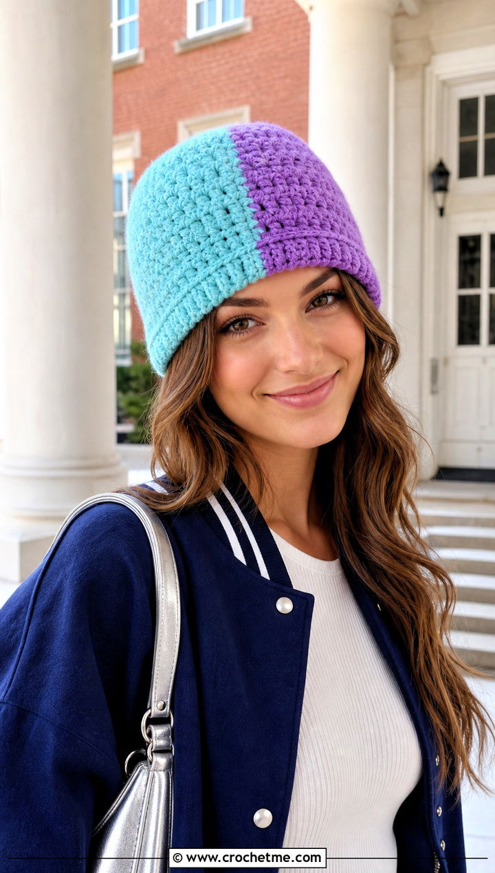Color Block Crochet Beanie With Varsity Jacket - 35 basic crochet beanie outfit ideas