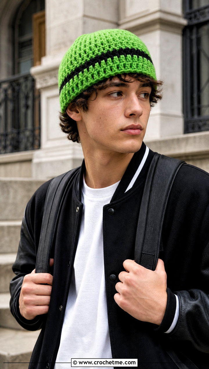Color Block Crochet Beanie With Varsity Jacket - 15 Easy Crochet Mens Hat outfit ideas