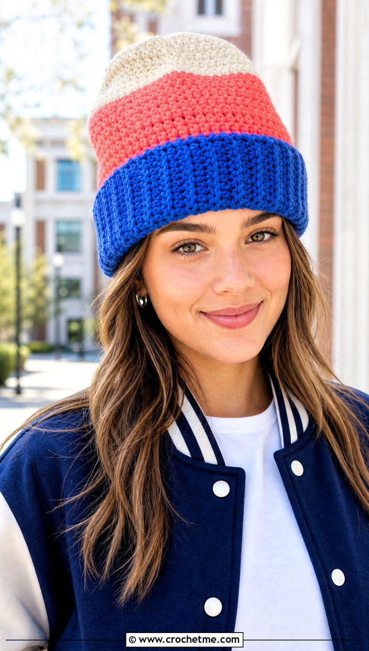 Color Block Crochet Beanie With Varsity Jacket And Jeans - 25 Crochet Beanie Size 4 Yarn outfit ideas