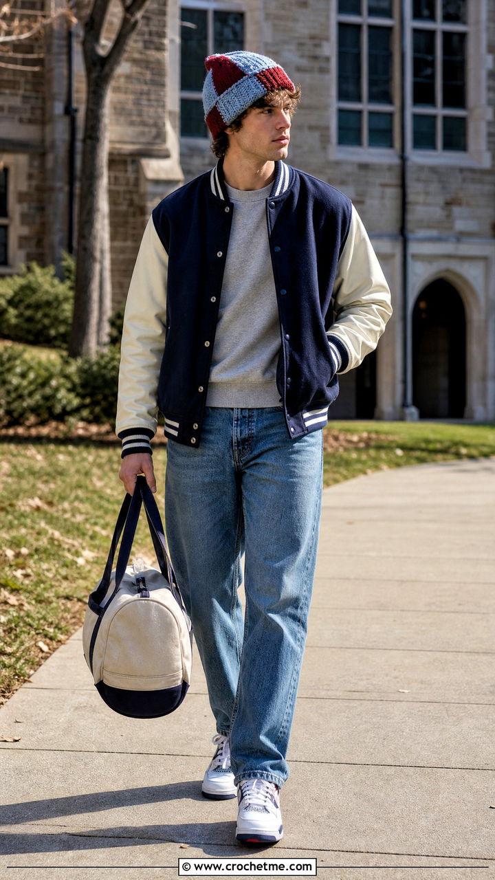 Color Block Crochet Beanie With Varsity Jacket And Straight Jeans - 35 crochet hat for men outfit ideas