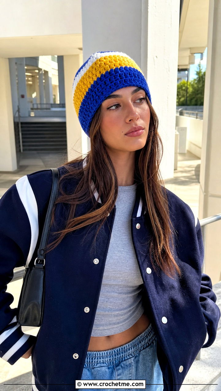 Color Block Crochet Beanie With Varsity Jacket - 30 knit look crochet beanie outfit ideas
