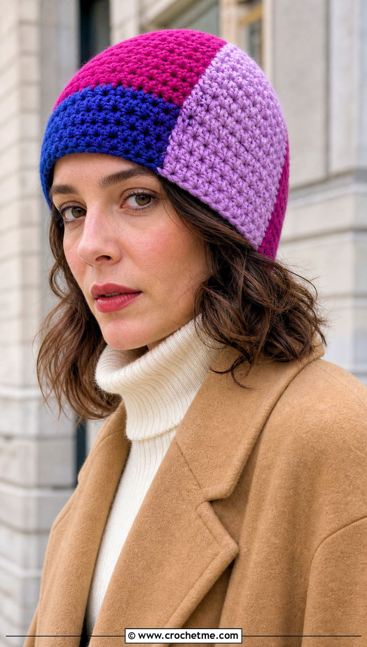 Color Block Crochet Beanie With Wool Coat And Sneakers - 15 Easy Crochet Beanies For Beginners outfit ideas